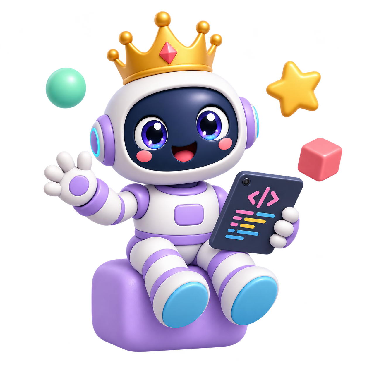 Taçlı minik robot, el sallayıp kodlama tabletini gösteriyor.
